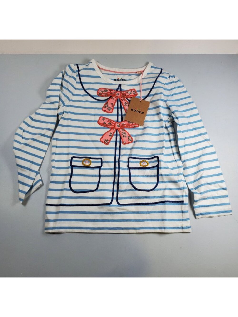 Mini Boden Stripe Bow Appliqué Long Sleeve Graphic T Shirt Kids Size 6 - 7 Y NWT